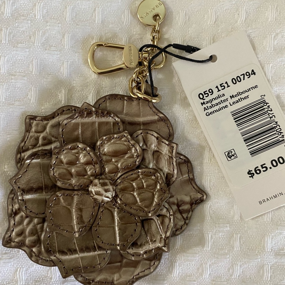 NEW Brahmin Bag Charm Magnolia Alabaster Taupe Melbourne Leather Key Fob Chain
